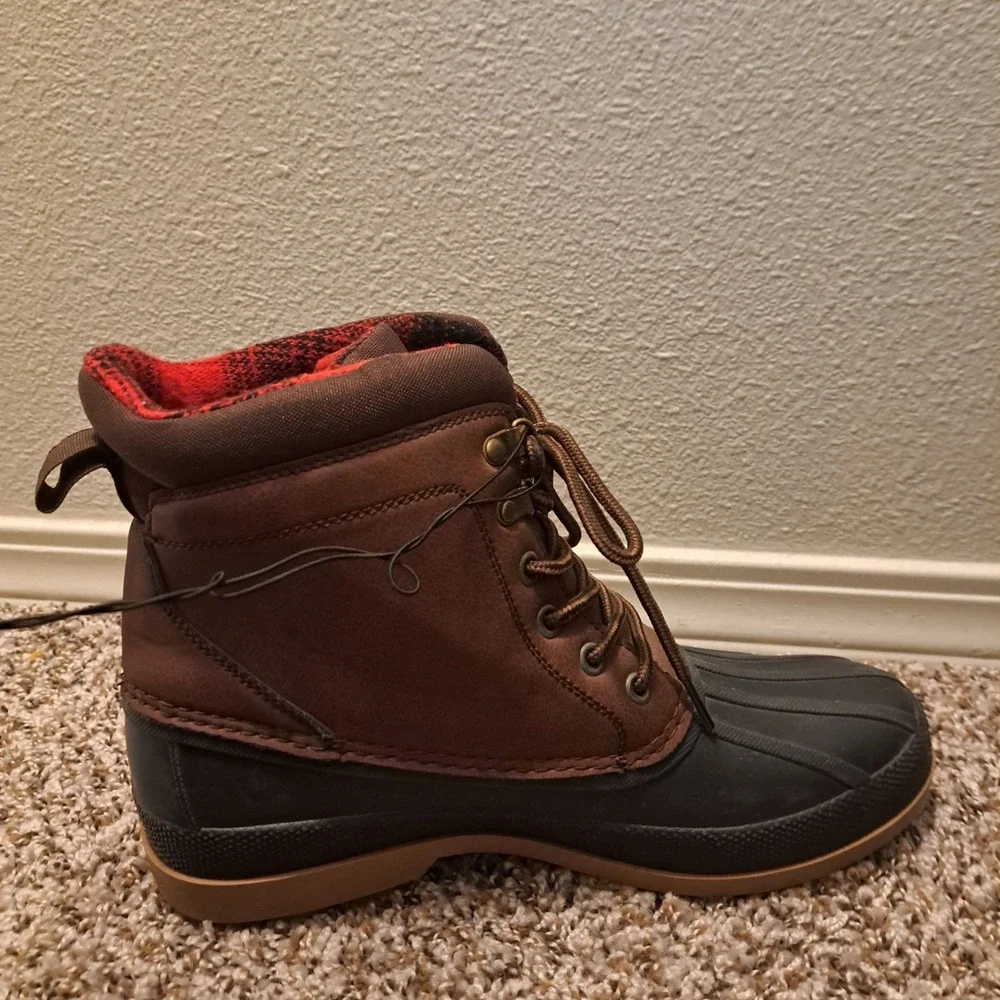 Eddie Bauer Men's Donner Duck Boots Brown Waterproof Plaid Lined‎ New Size 9